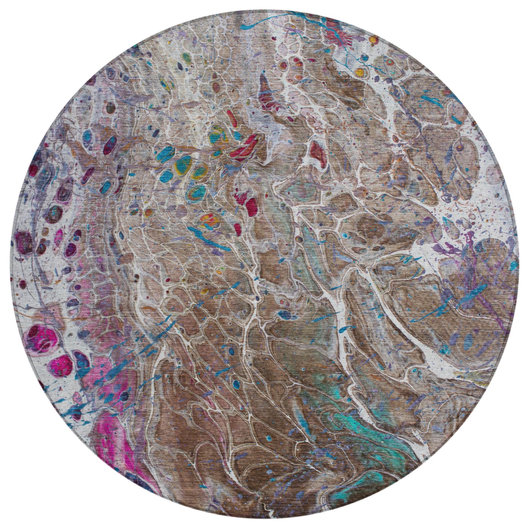 8' Brown And Gray Round Abstract Washable Indoor Outdoor Area Rug Homeroots Outdoor