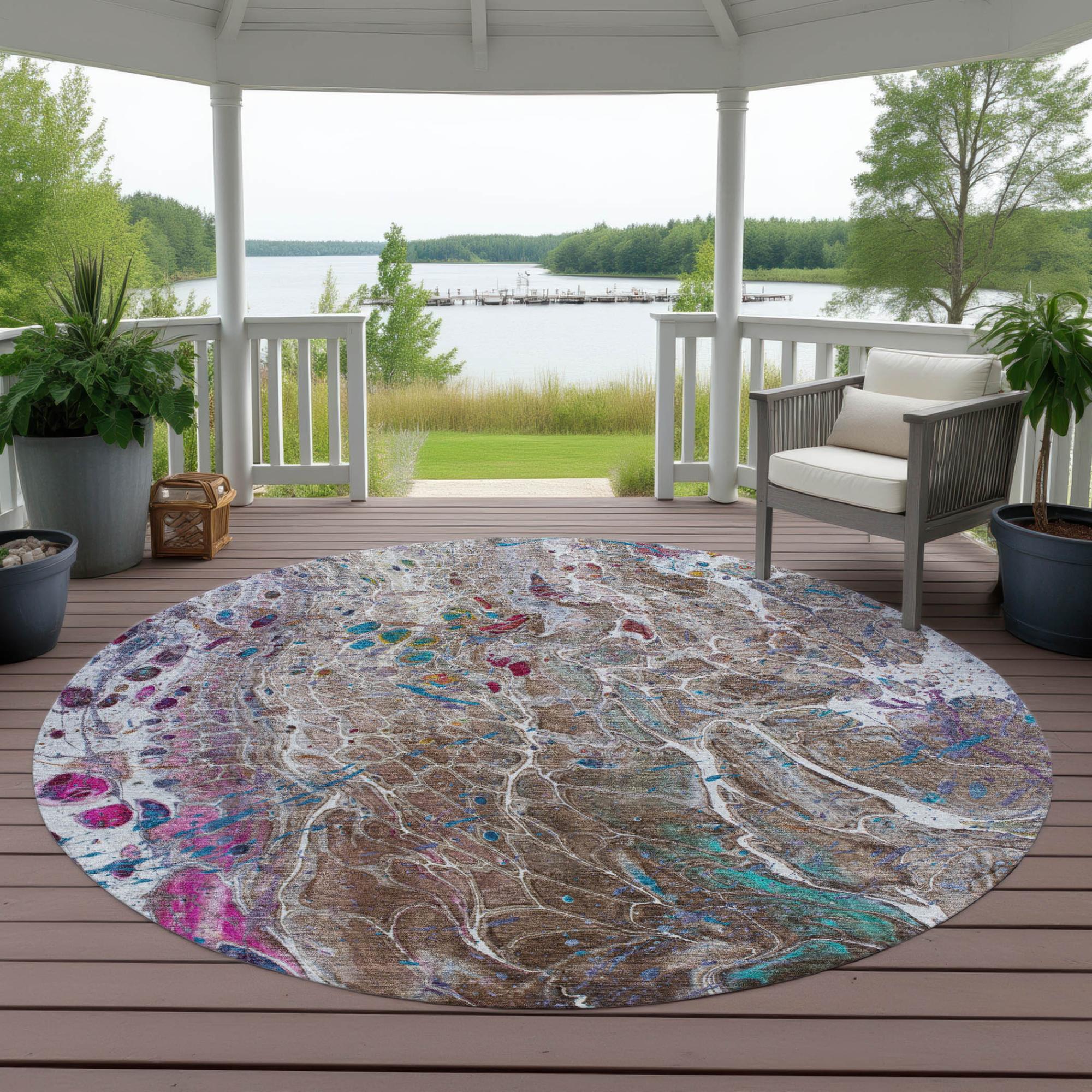 8' Brown And Gray Round Abstract Washable Indoor Outdoor Area Rug Homeroots Outdoor