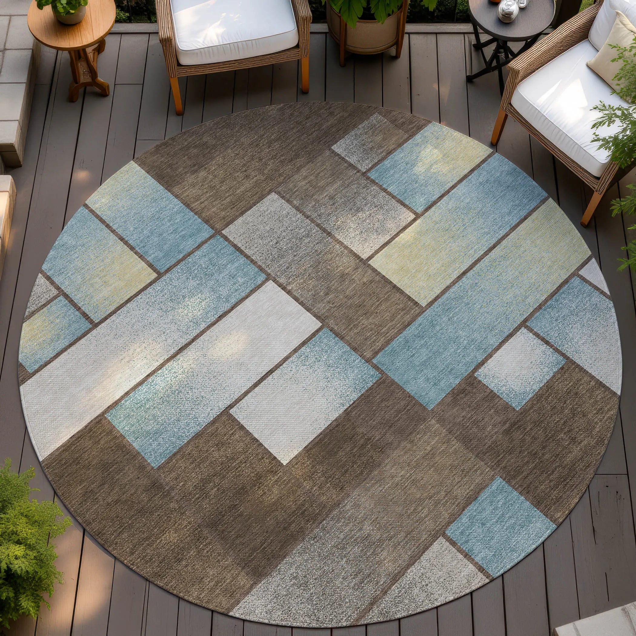 8' Brown And Gray Round Geometric Washable Indoor Outdoor Area Rug Homeroots Outdoor