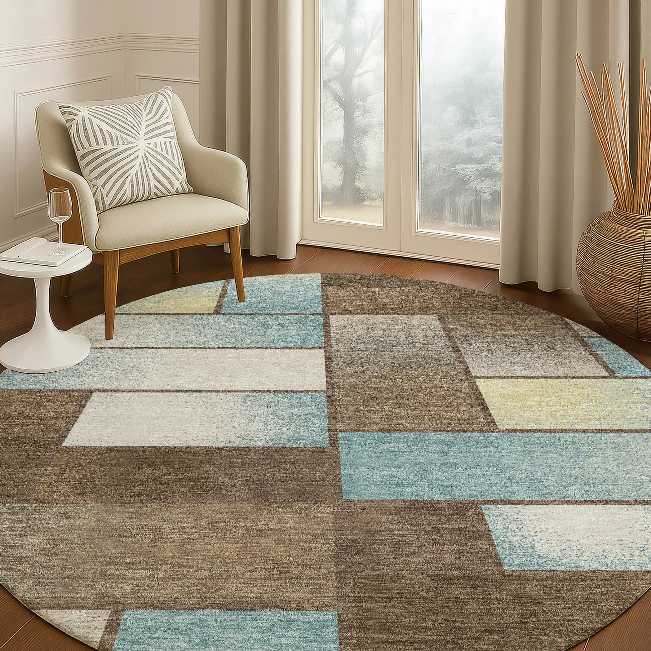 8' Brown And Gray Round Geometric Washable Indoor Outdoor Area Rug Homeroots Outdoor