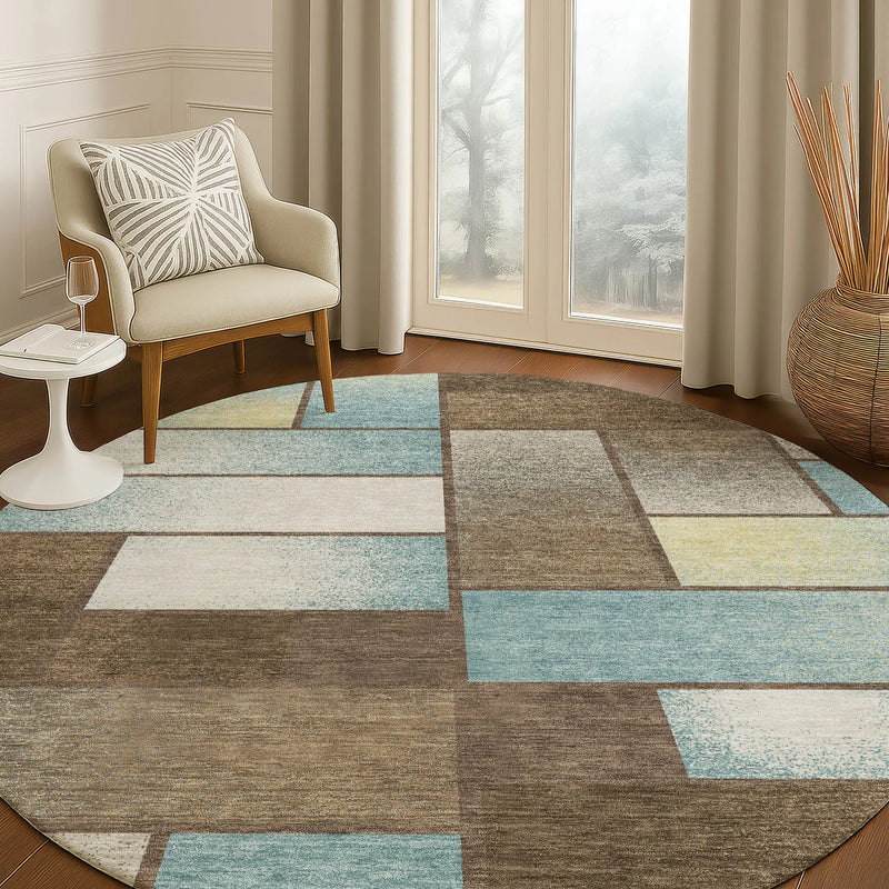 8' Brown And Gray Round Geometric Washable Indoor Outdoor Area Rug Homeroots Outdoor