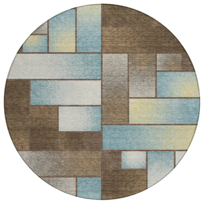 8' Brown And Gray Round Geometric Washable Indoor Outdoor Area Rug Homeroots Outdoor