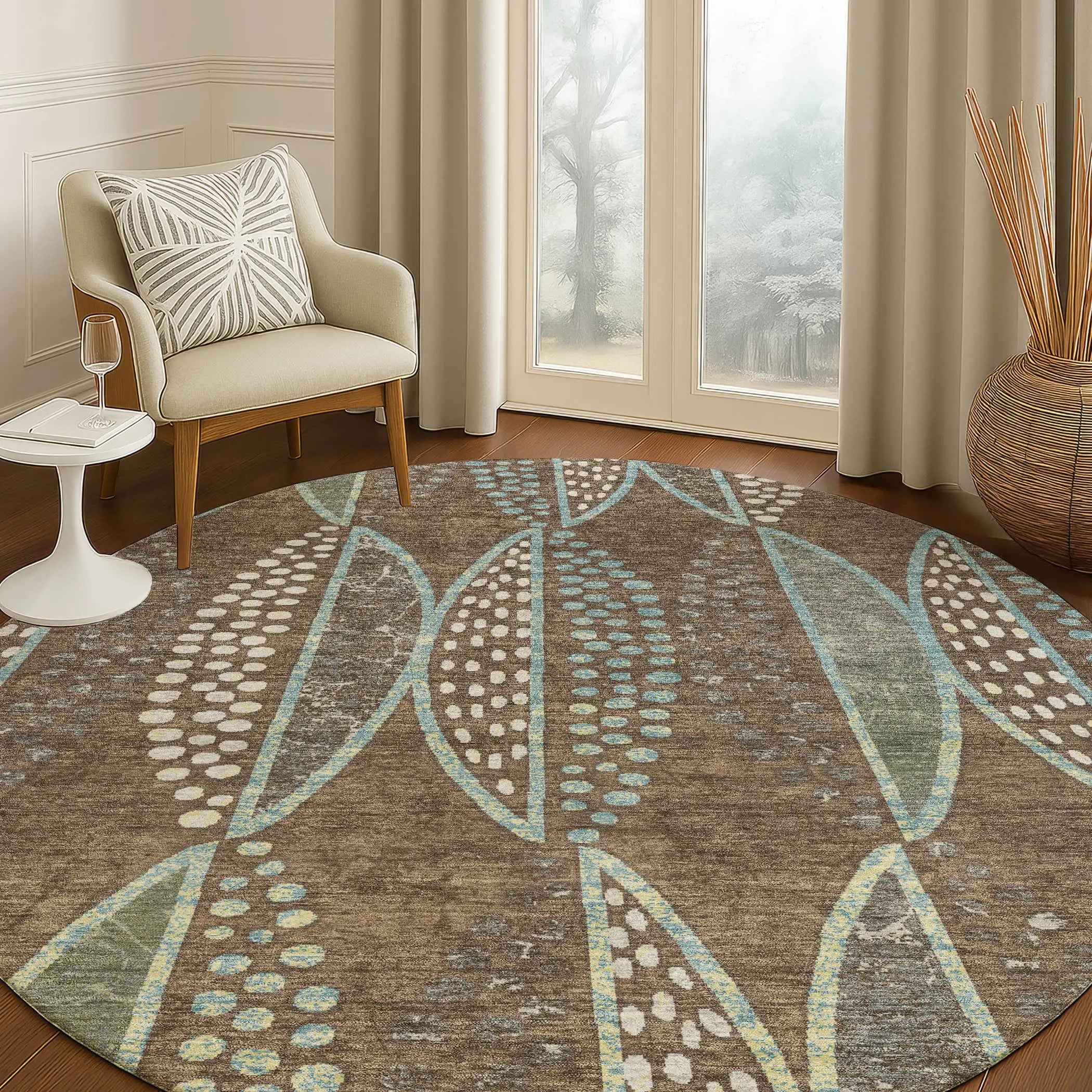 8' Brown And Gray Round Geometric Washable Indoor Outdoor Area Rug Homeroots Outdoor