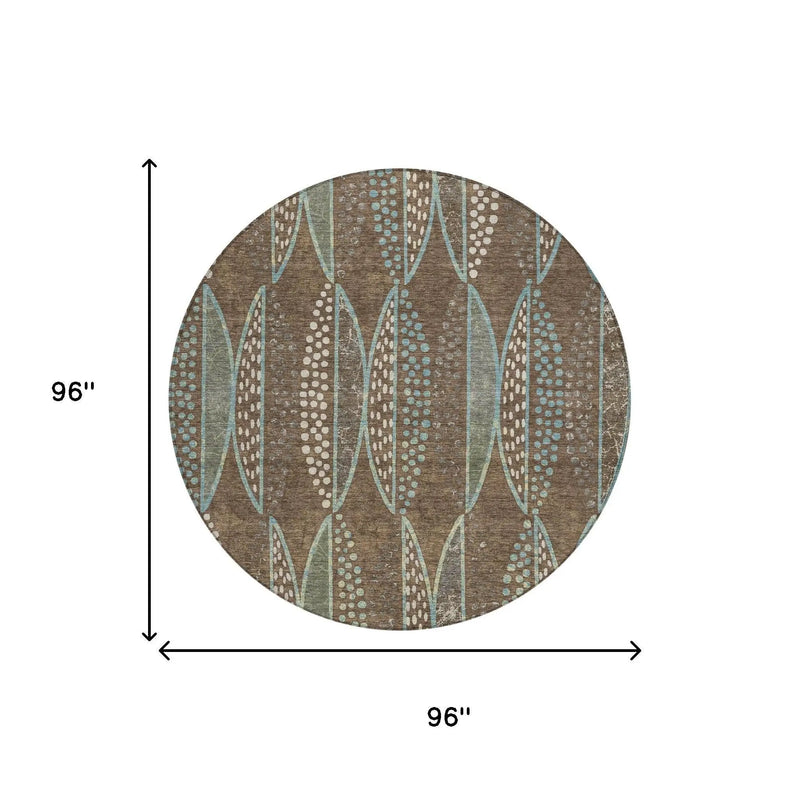 8' Brown And Gray Round Geometric Washable Indoor Outdoor Area Rug Homeroots Outdoor