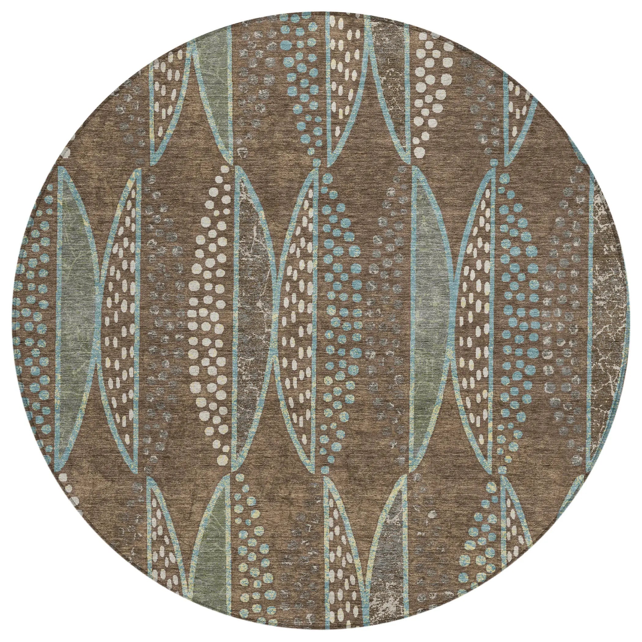 8' Brown And Gray Round Geometric Washable Indoor Outdoor Area Rug Homeroots Outdoor