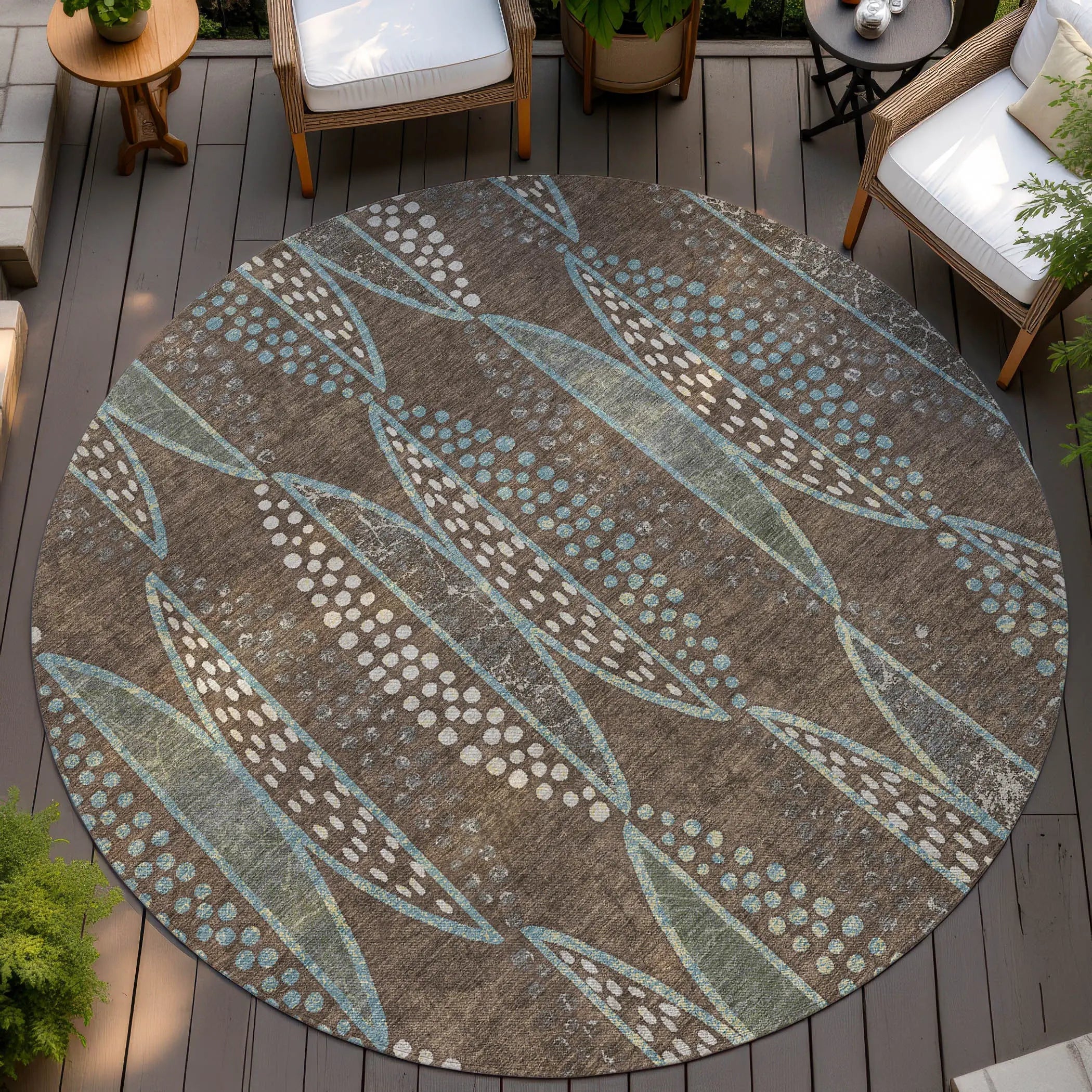 8' Brown And Gray Round Geometric Washable Indoor Outdoor Area Rug Homeroots Outdoor