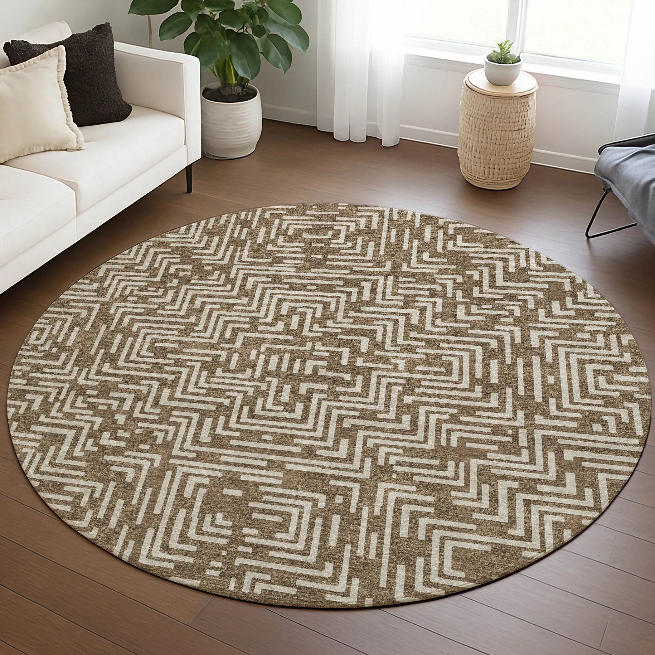 8' Brown And Gray Round Geometric Washable Indoor Outdoor Area Rug Homeroots Outdoor