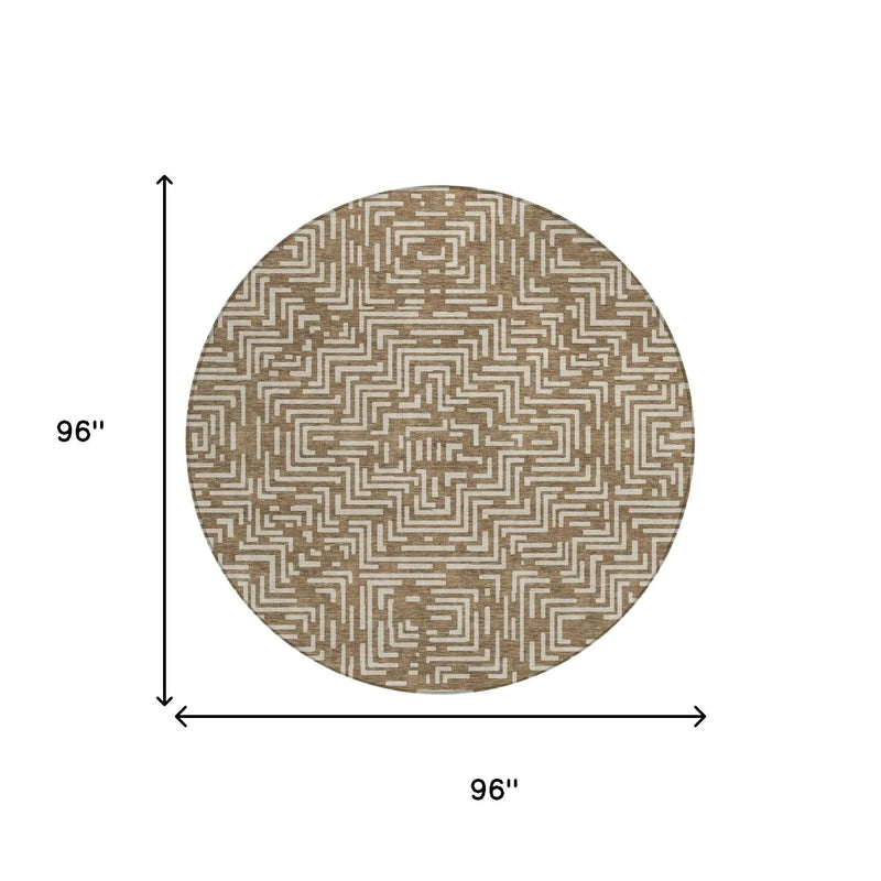 8' Brown And Gray Round Geometric Washable Indoor Outdoor Area Rug Homeroots Outdoor