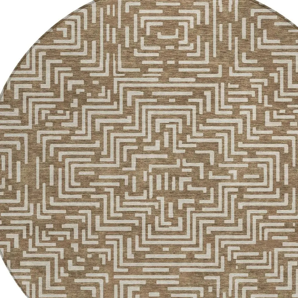 8' Brown And Gray Round Geometric Washable Indoor Outdoor Area Rug Homeroots Outdoor