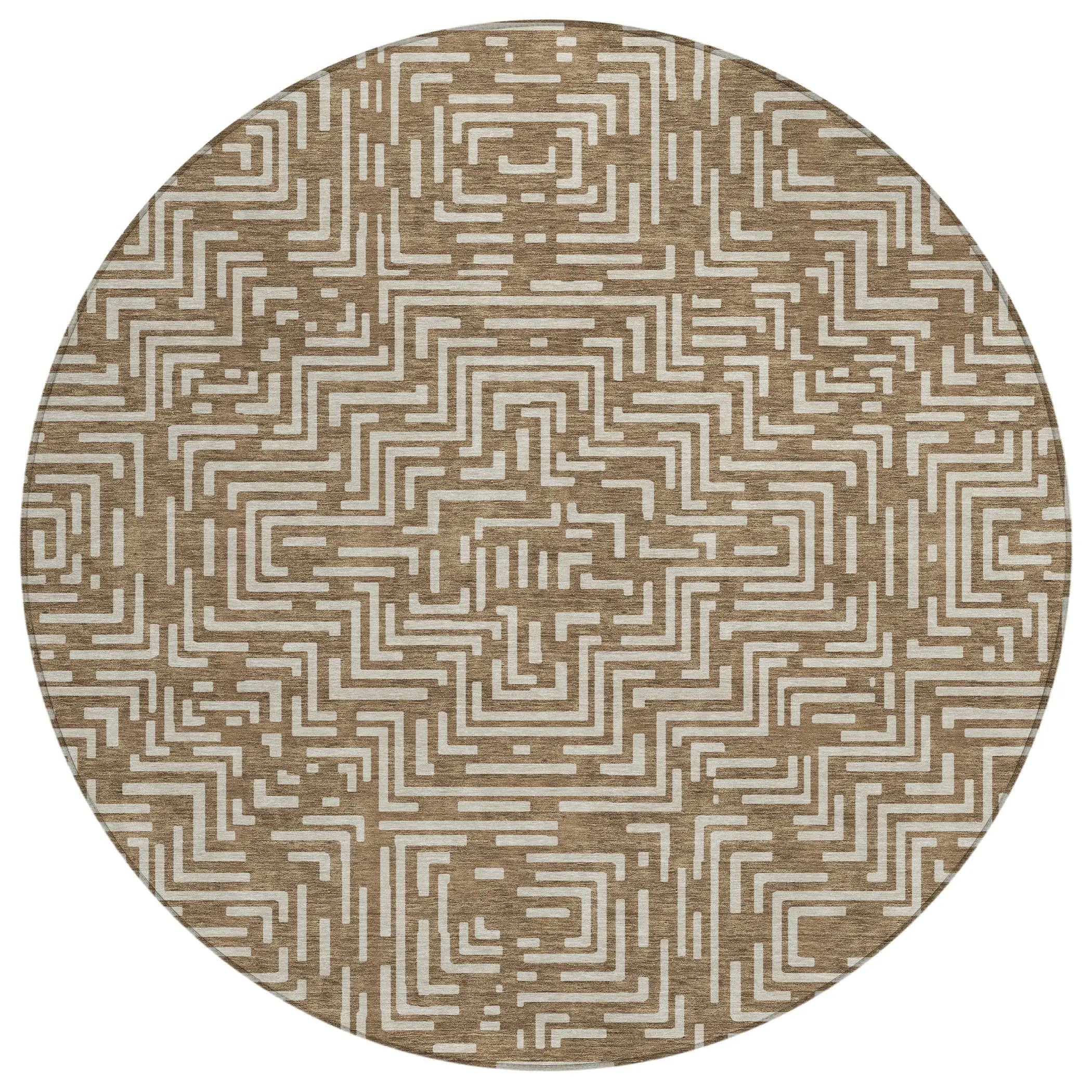 8' Brown And Gray Round Geometric Washable Indoor Outdoor Area Rug Homeroots Outdoor