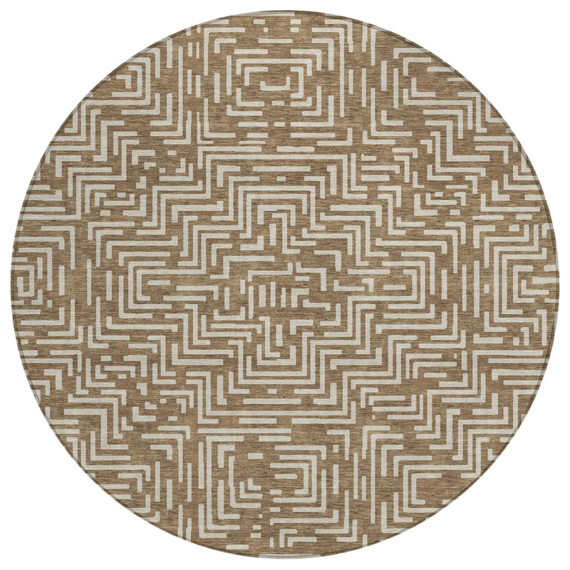 8' Brown And Gray Round Geometric Washable Indoor Outdoor Area Rug Homeroots Outdoor