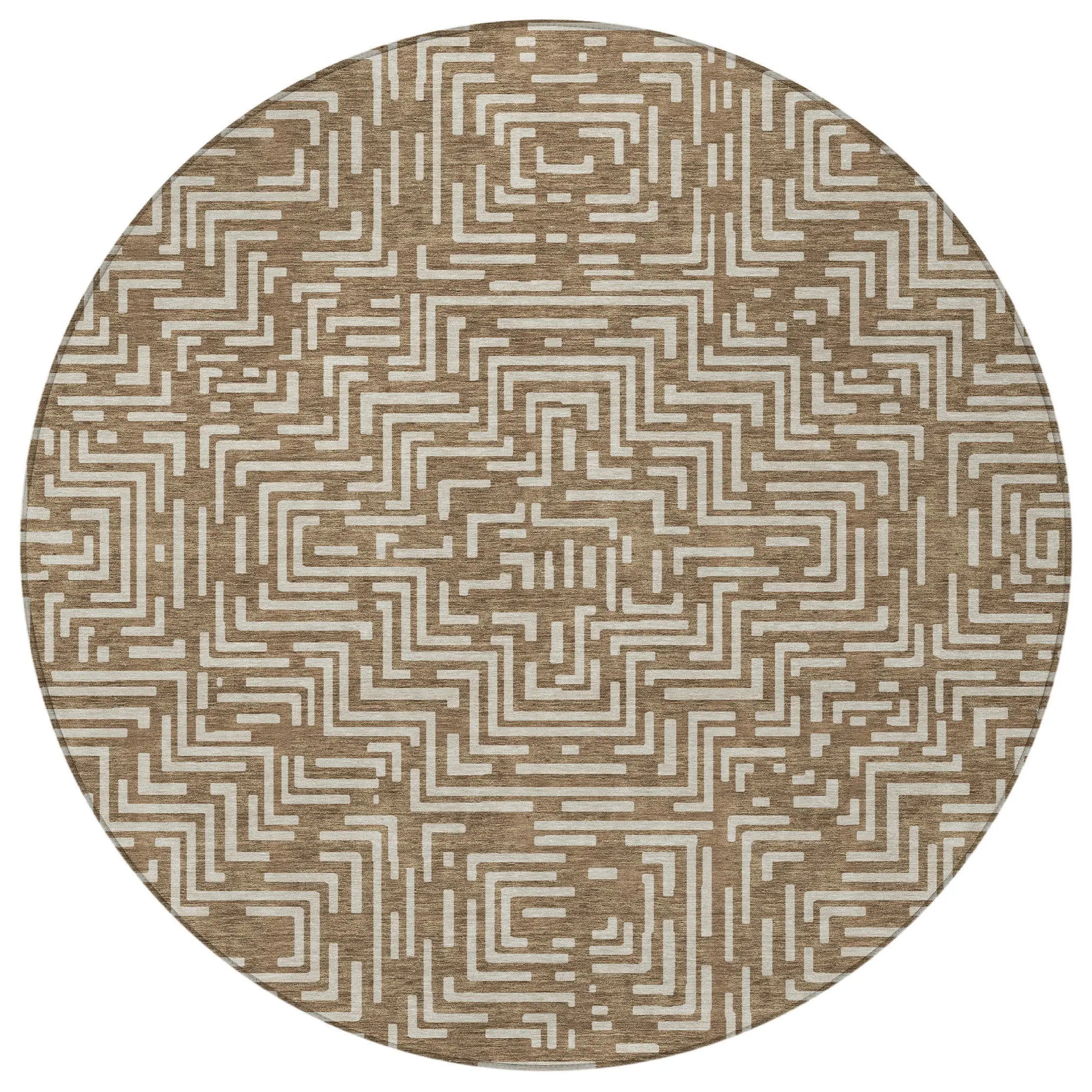 8' Brown And Gray Round Geometric Washable Indoor Outdoor Area Rug Homeroots Outdoor