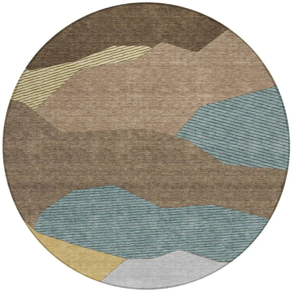 8' Brown And Gray Round Geometric Washable Indoor Outdoor Area Rug Homeroots Outdoor