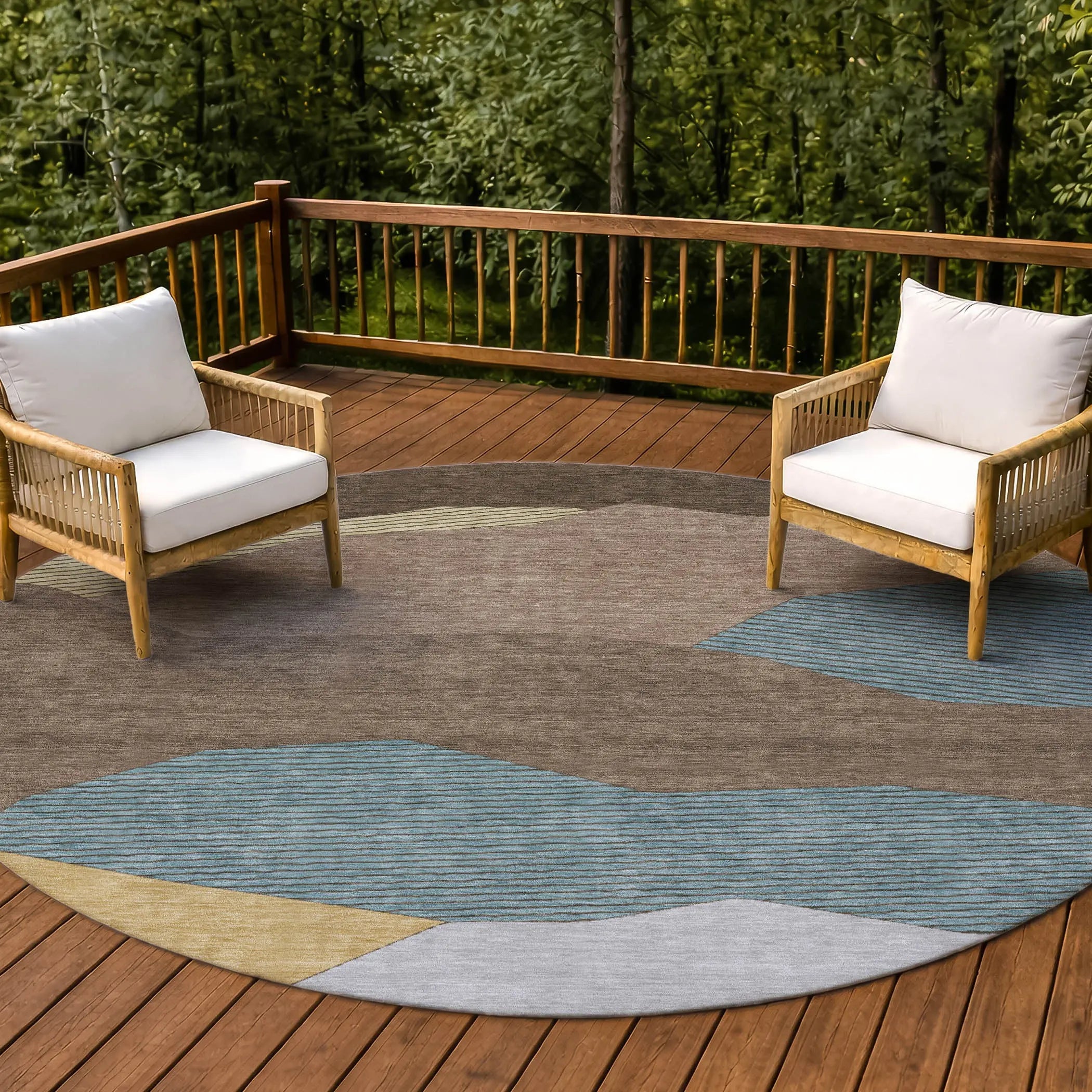 8' Brown And Gray Round Geometric Washable Indoor Outdoor Area Rug Homeroots Outdoor