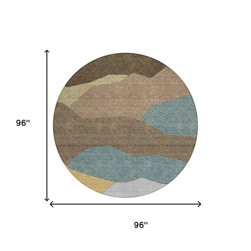 8' Brown And Gray Round Geometric Washable Indoor Outdoor Area Rug Homeroots Outdoor