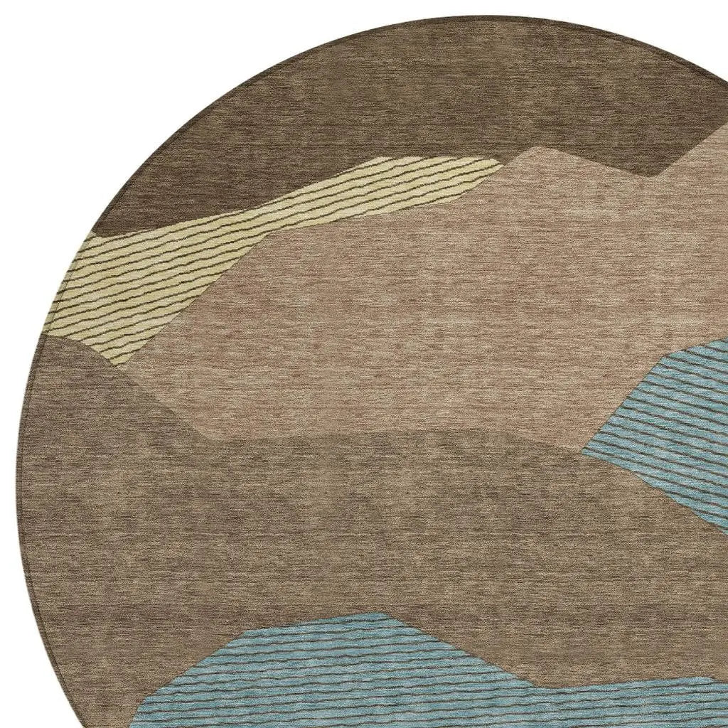 8' Brown And Gray Round Geometric Washable Indoor Outdoor Area Rug Homeroots Outdoor