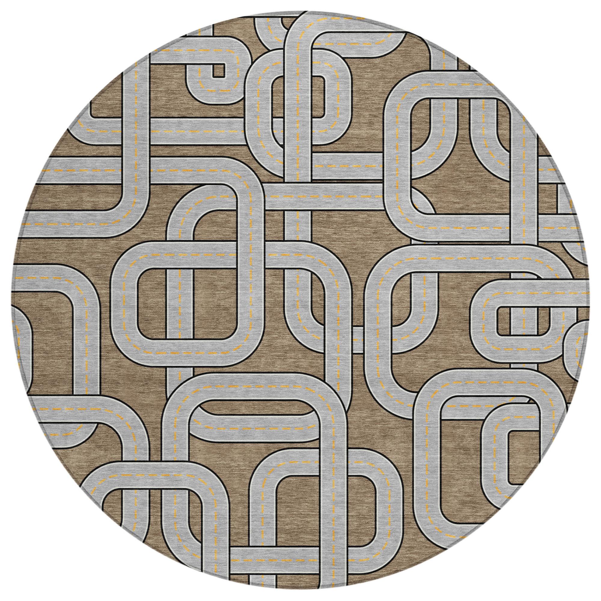 8' Brown And Gray Round Geometric Washable Indoor Outdoor Area Rug Homeroots Outdoor
