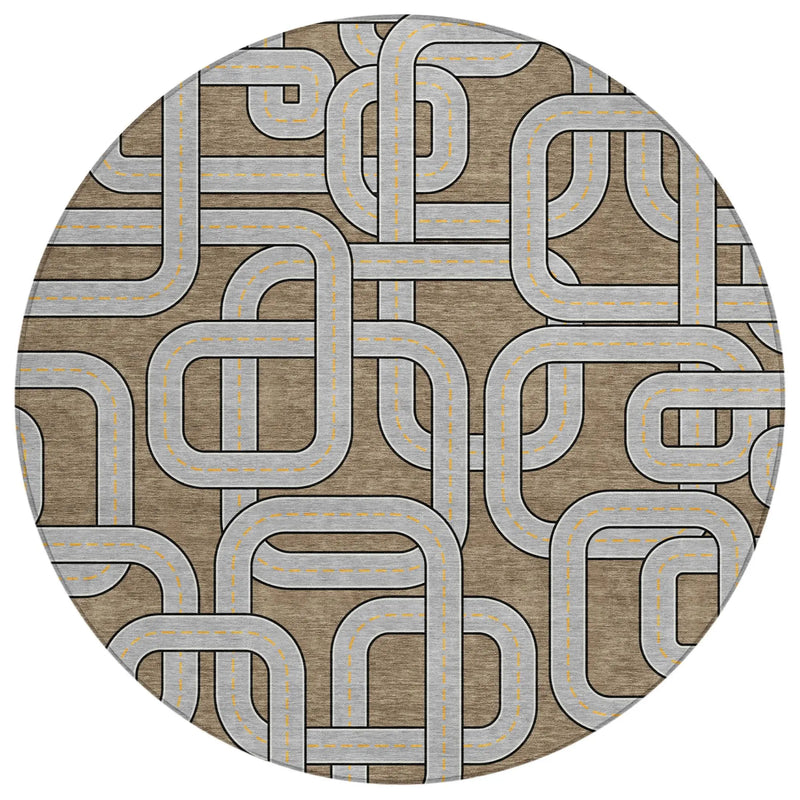 8' Brown And Gray Round Geometric Washable Indoor Outdoor Area Rug Homeroots Outdoor
