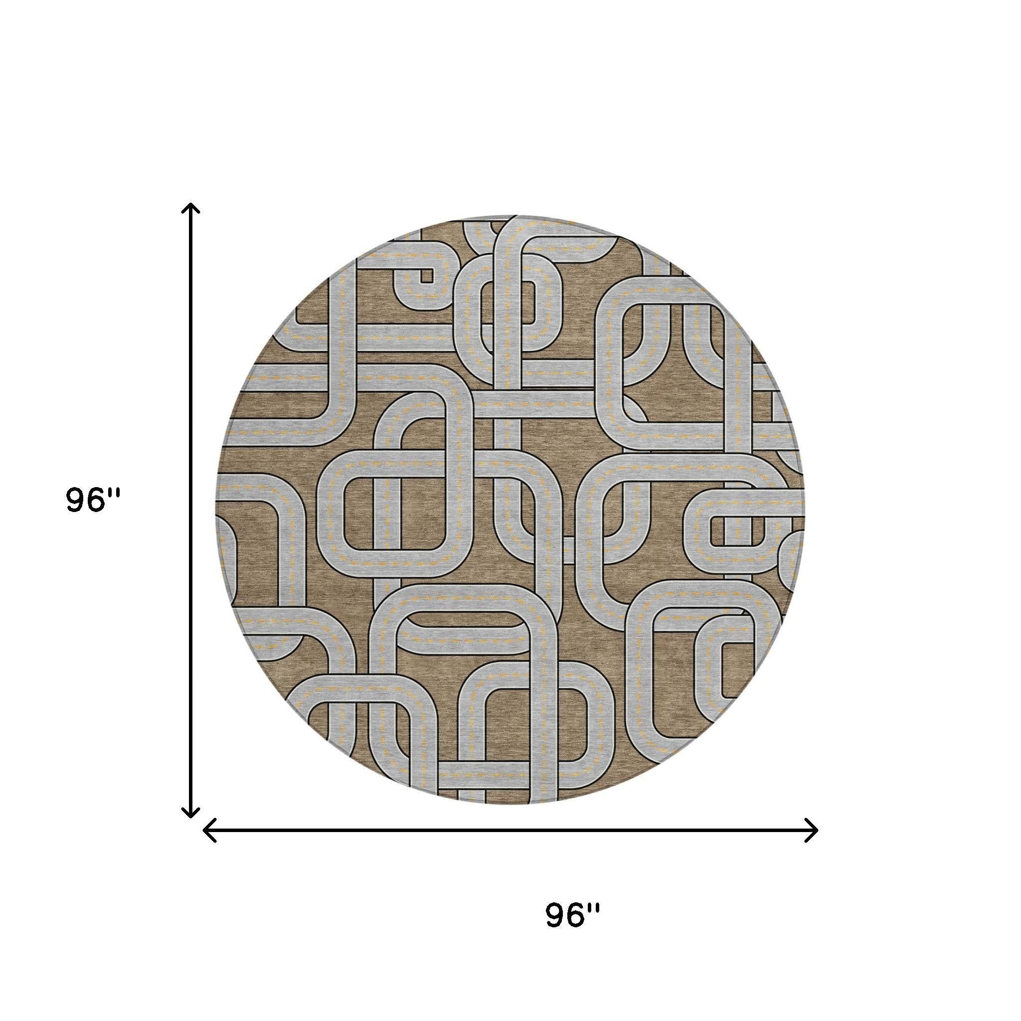 8' Brown And Gray Round Geometric Washable Indoor Outdoor Area Rug Homeroots Outdoor