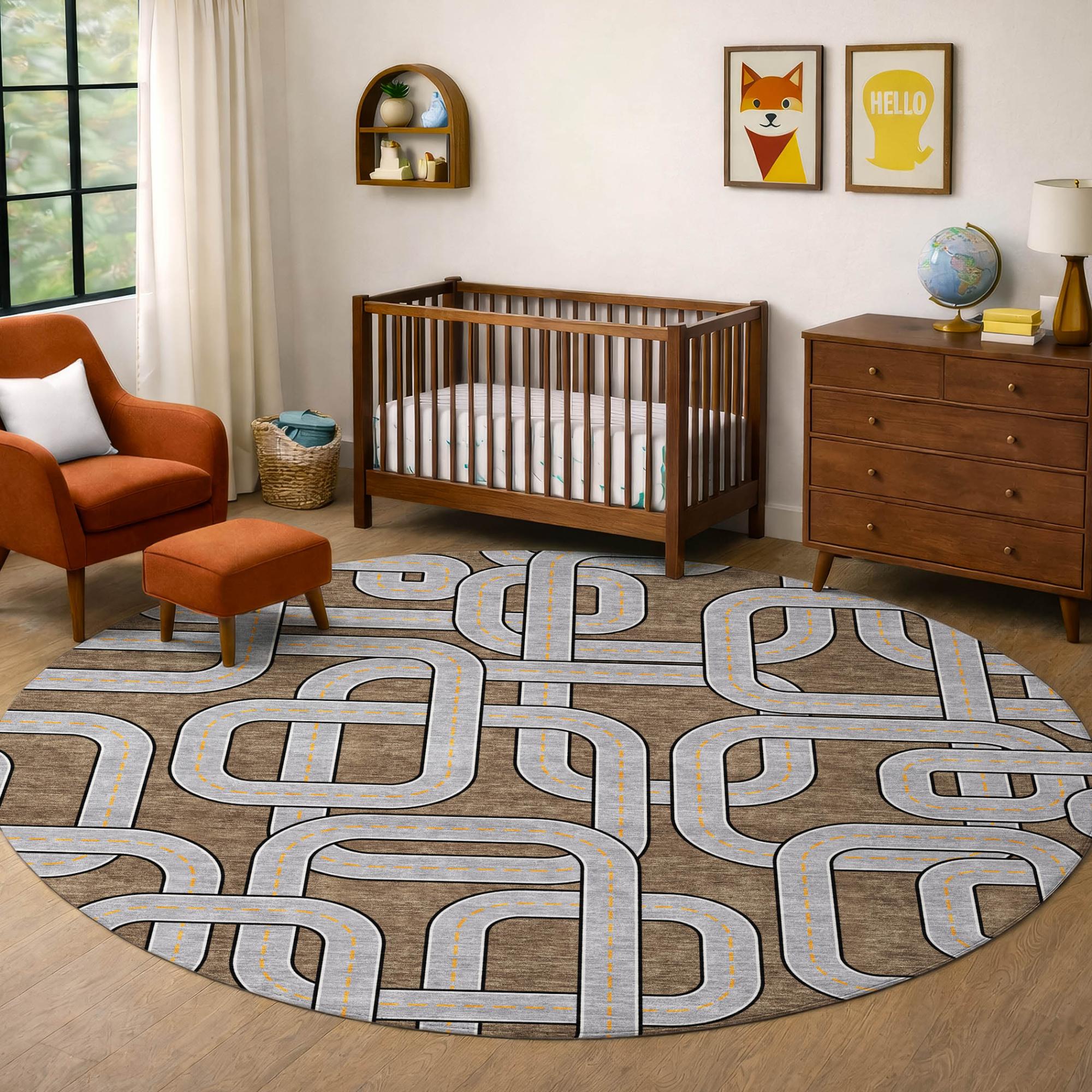 8' Brown And Gray Round Geometric Washable Indoor Outdoor Area Rug Homeroots Outdoor