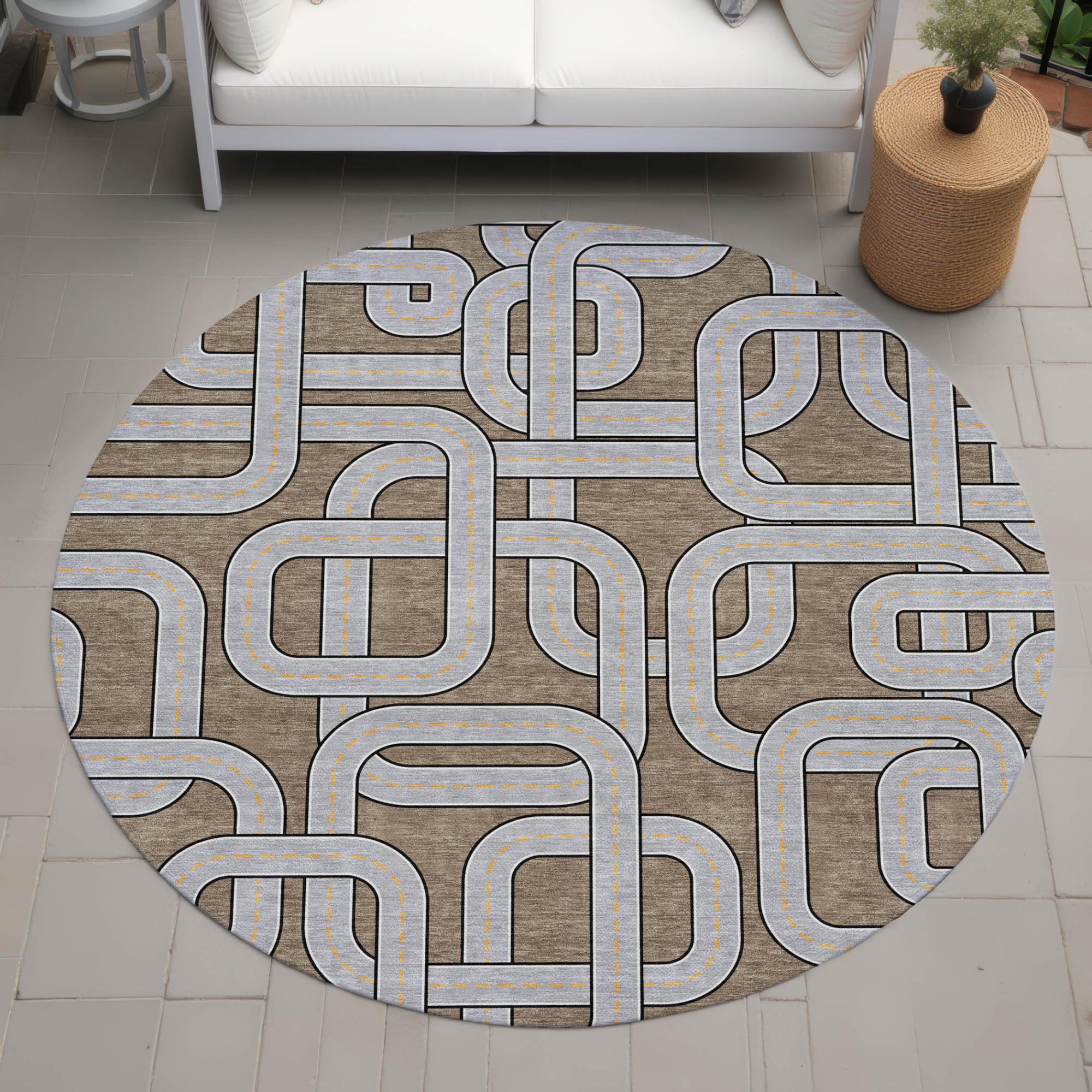 8' Brown And Gray Round Geometric Washable Indoor Outdoor Area Rug Homeroots Outdoor
