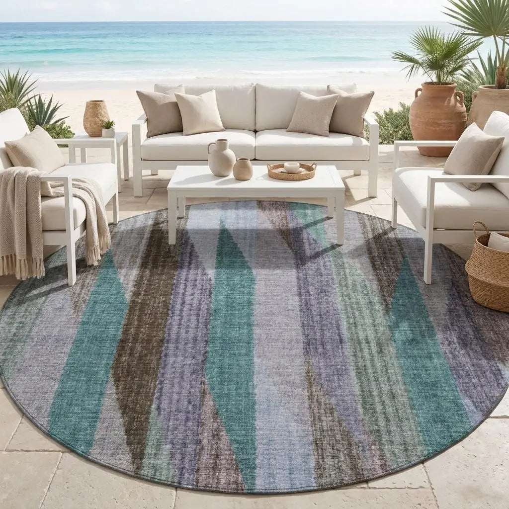 8' Brown And Gray Round Striped Washable Indoor Outdoor Area Rug Homeroots Outdoor