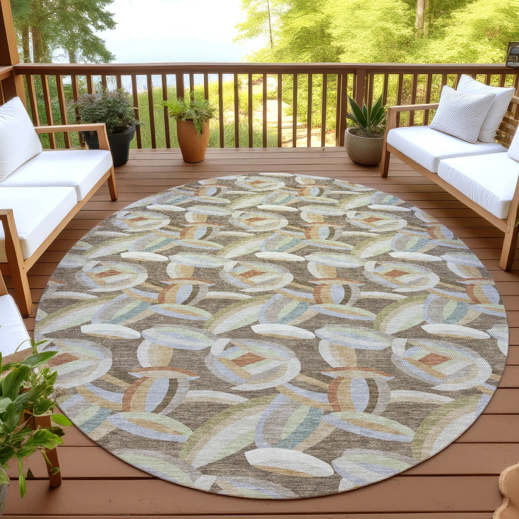 8' Brown And Ivory Round Abstract Washable Indoor Outdoor Area Rug Homeroots Outdoor
