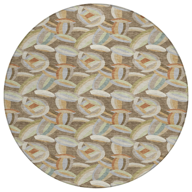 8' Brown And Ivory Round Abstract Washable Indoor Outdoor Area Rug Homeroots Outdoor