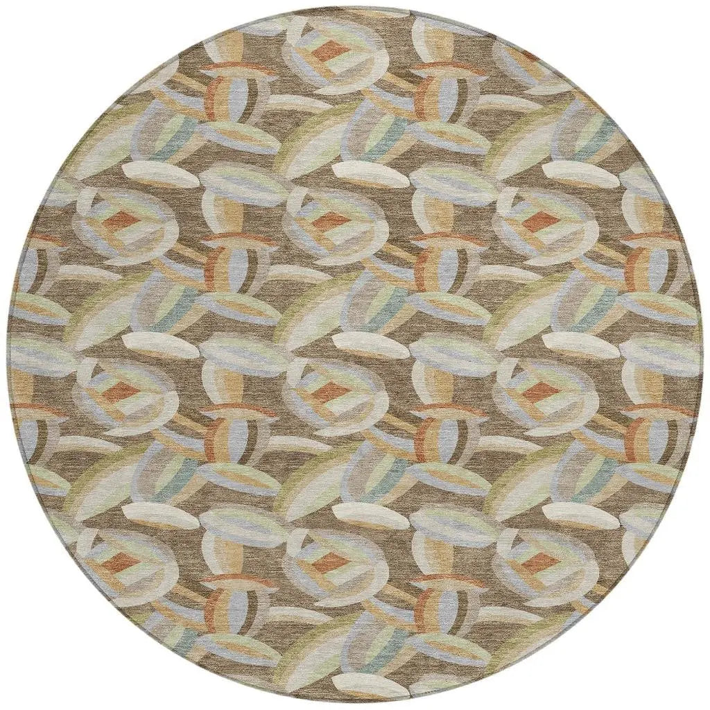 8' Brown And Ivory Round Abstract Washable Indoor Outdoor Area Rug Homeroots Outdoor