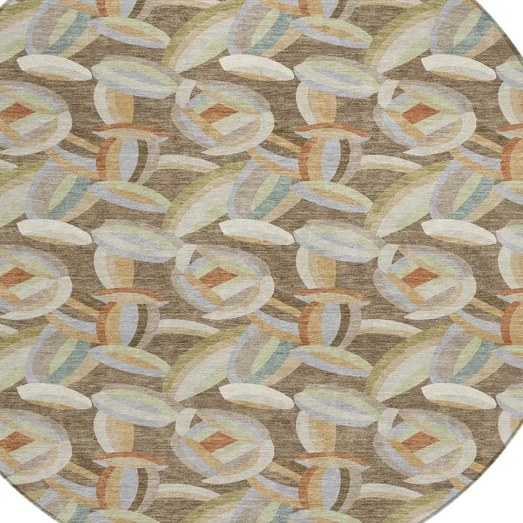 8' Brown And Ivory Round Abstract Washable Indoor Outdoor Area Rug Homeroots Outdoor