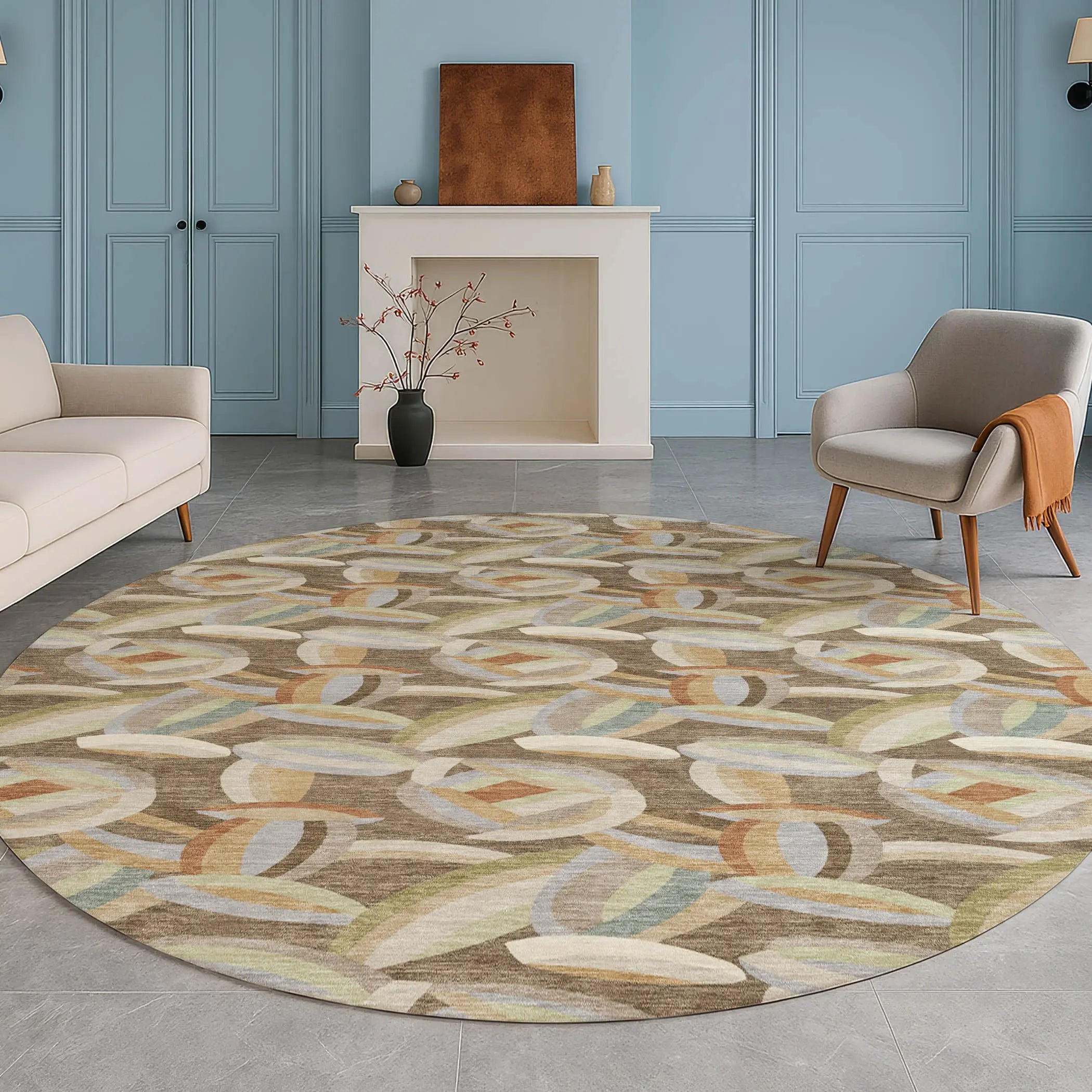 8' Brown And Ivory Round Abstract Washable Indoor Outdoor Area Rug Homeroots Outdoor