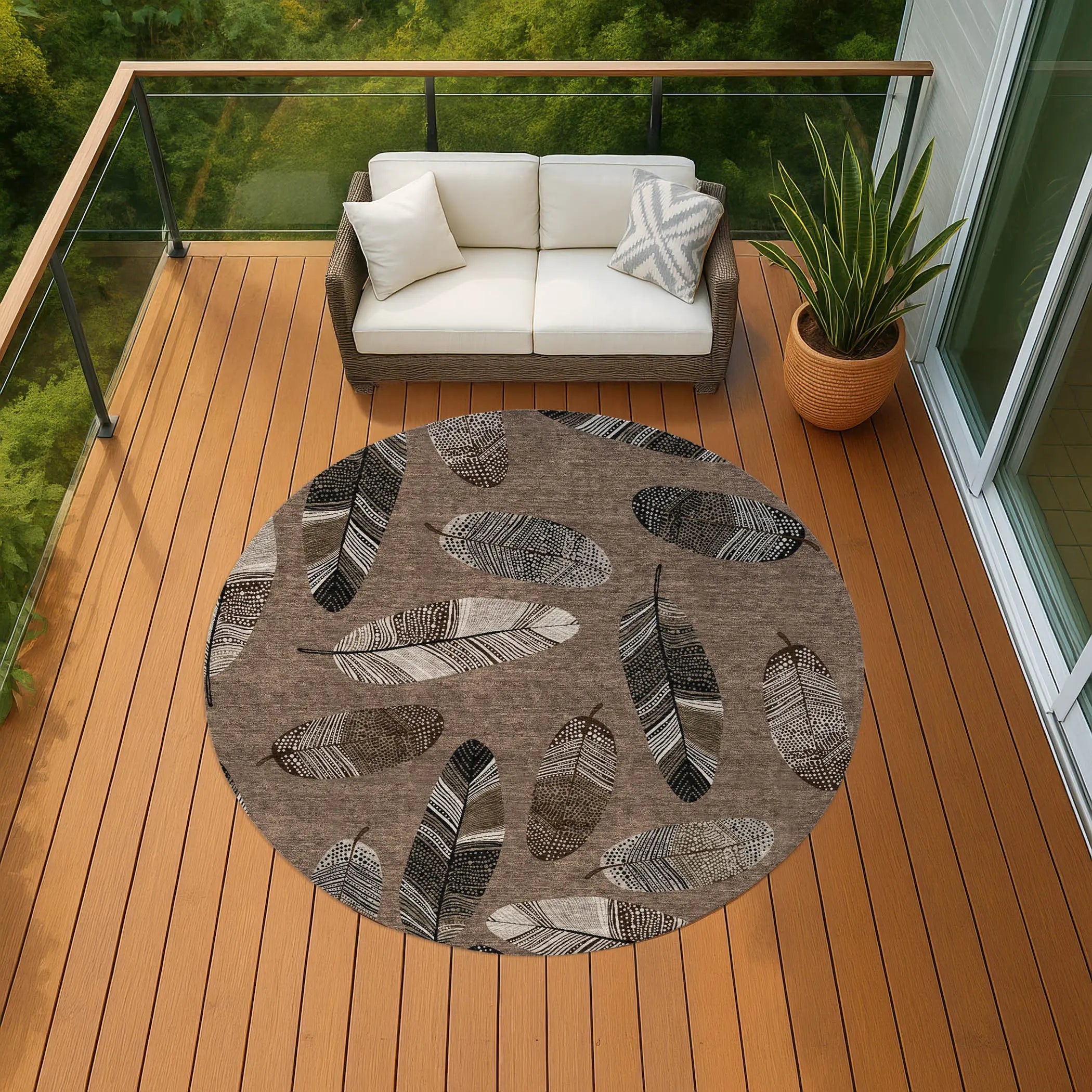 8' Brown And Ivory Round Botanical Leaves Washable Indoor Outdoor Area Rug Homeroots Outdoor