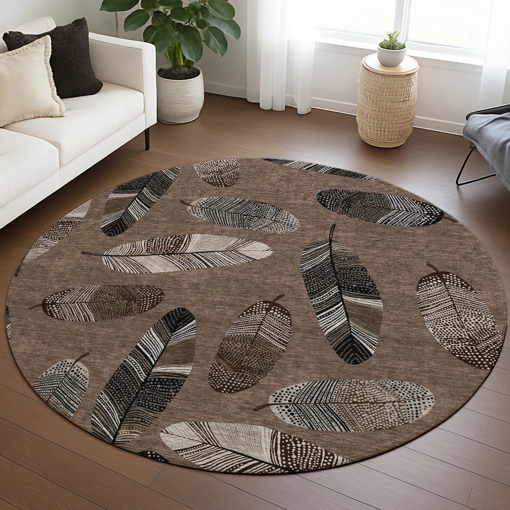 8' Brown And Ivory Round Botanical Leaves Washable Indoor Outdoor Area Rug Homeroots Outdoor