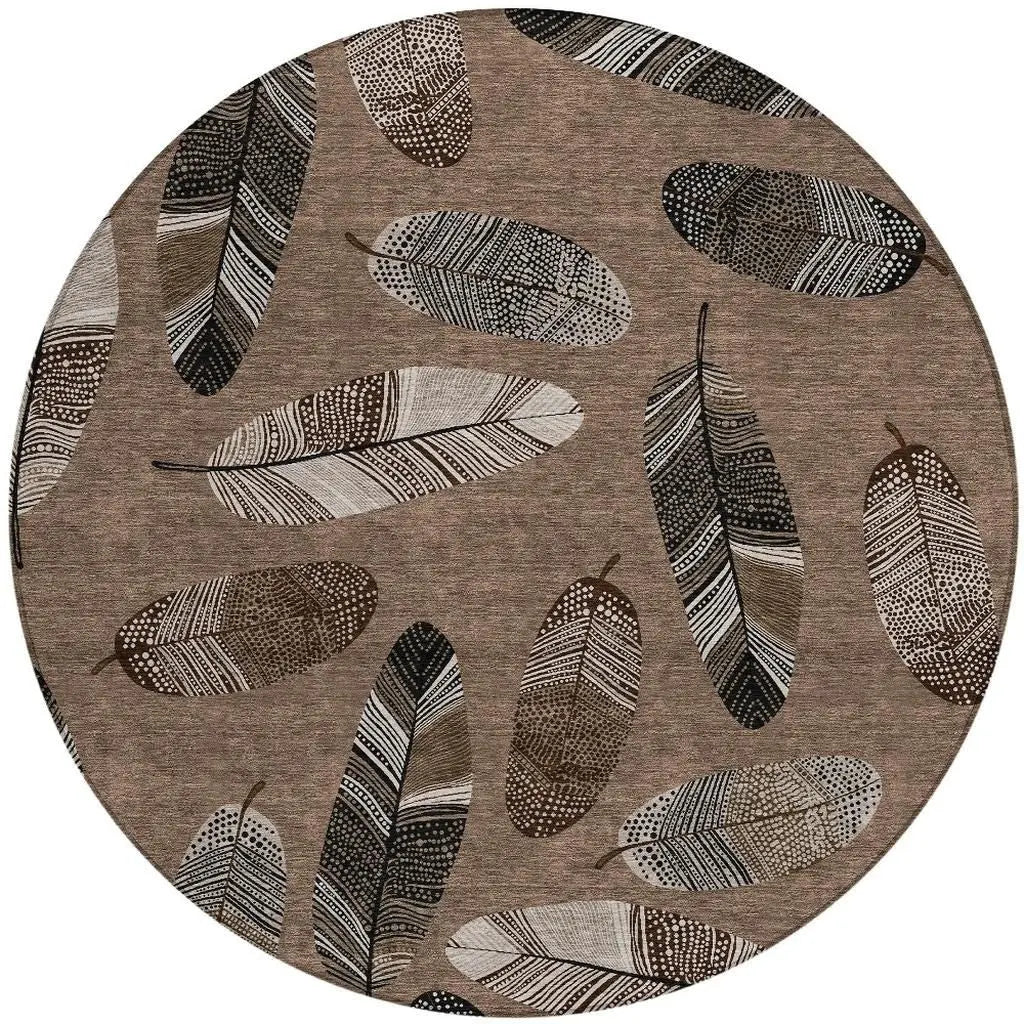 8' Brown And Ivory Round Botanical Leaves Washable Indoor Outdoor Area Rug Homeroots Outdoor