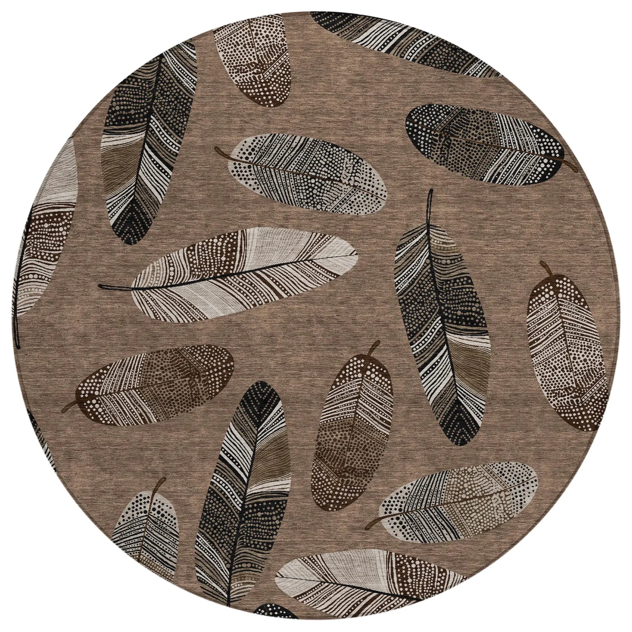 8' Brown And Ivory Round Botanical Leaves Washable Indoor Outdoor Area Rug Homeroots Outdoor