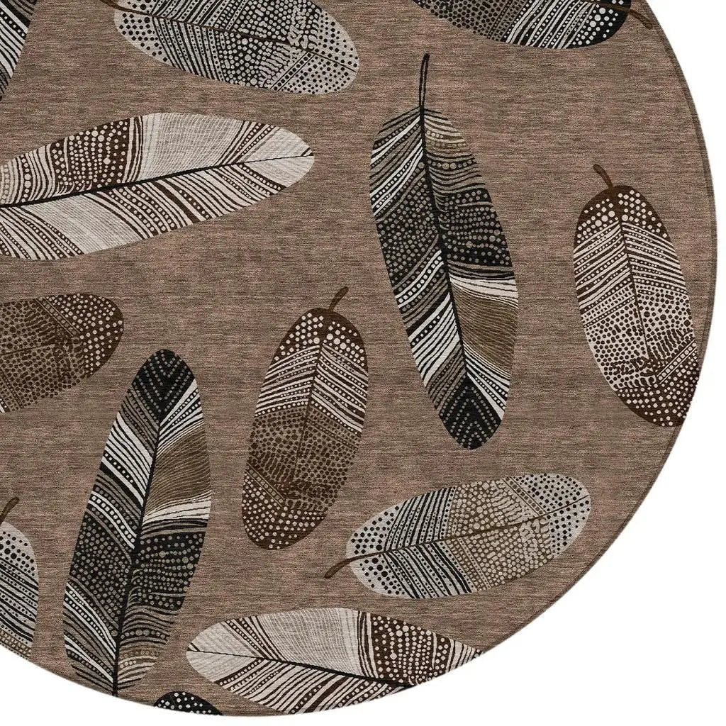 8' Brown And Ivory Round Botanical Leaves Washable Indoor Outdoor Area Rug Homeroots Outdoor