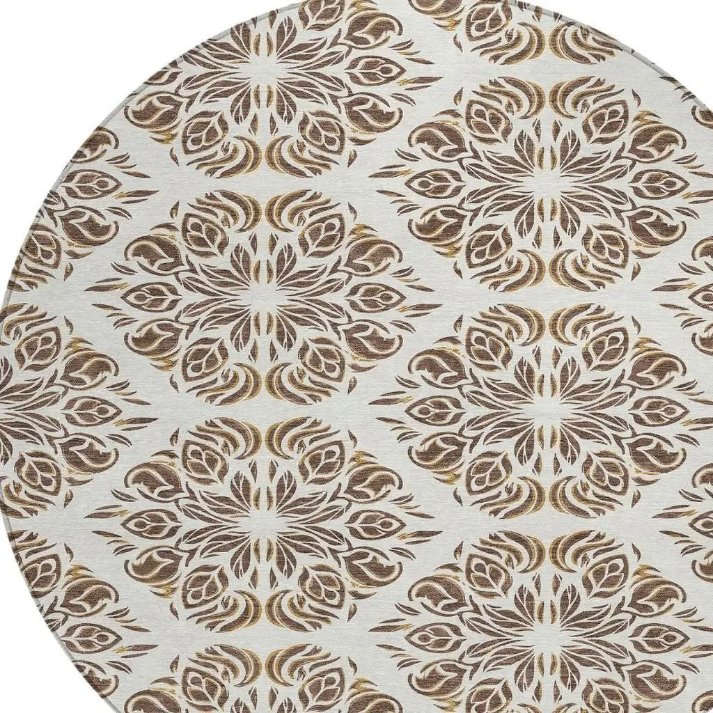 8' Brown And Ivory Round Damask Washable Indoor Outdoor Area Rug Homeroots Outdoor