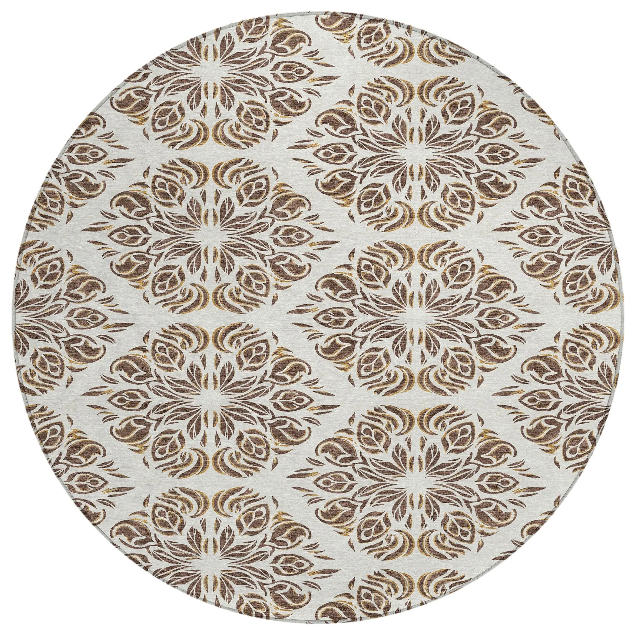 8' Brown And Ivory Round Damask Washable Indoor Outdoor Area Rug Homeroots Outdoor