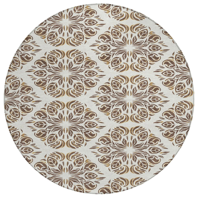 8' Brown And Ivory Round Damask Washable Indoor Outdoor Area Rug Homeroots Outdoor