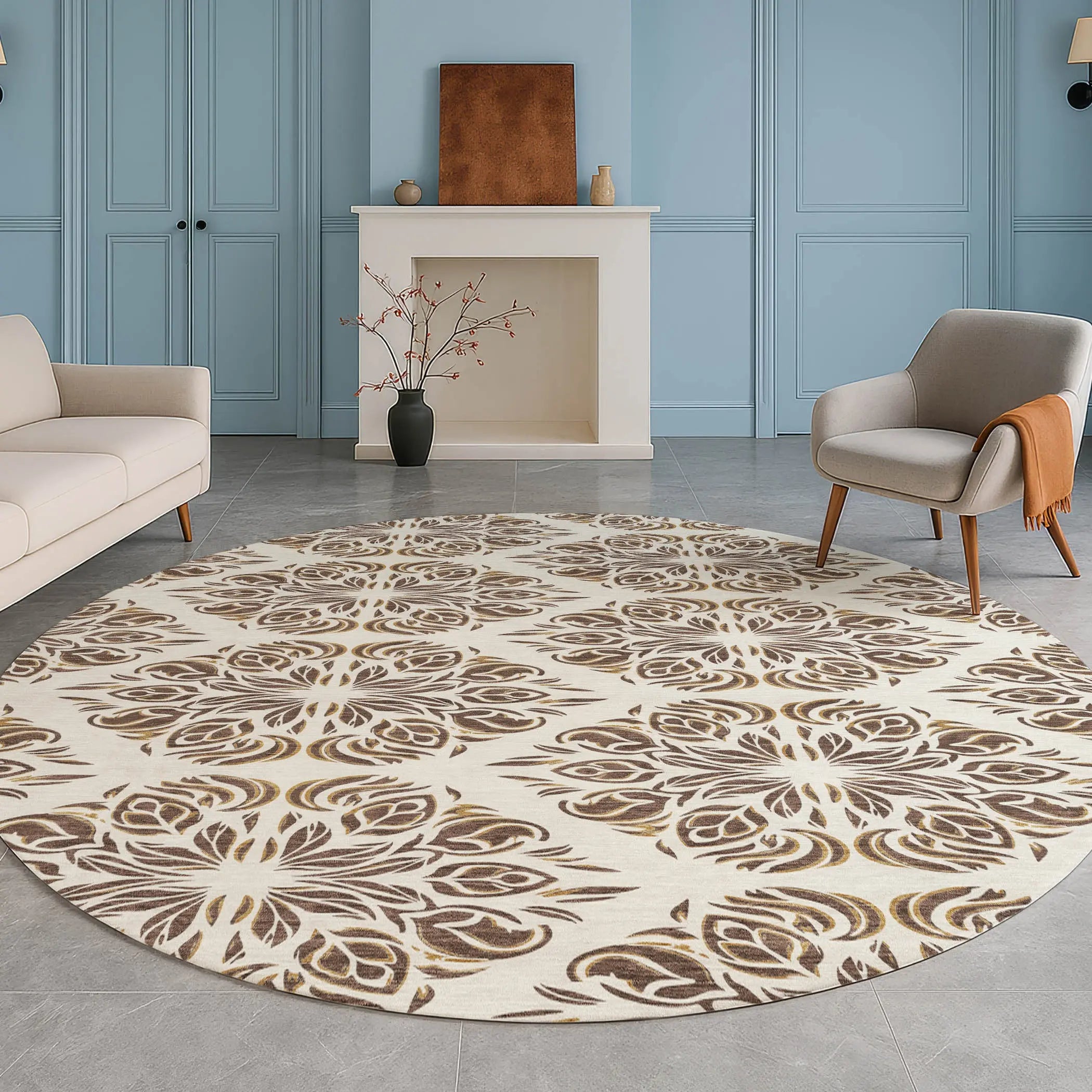 8' Brown And Ivory Round Damask Washable Indoor Outdoor Area Rug Homeroots Outdoor