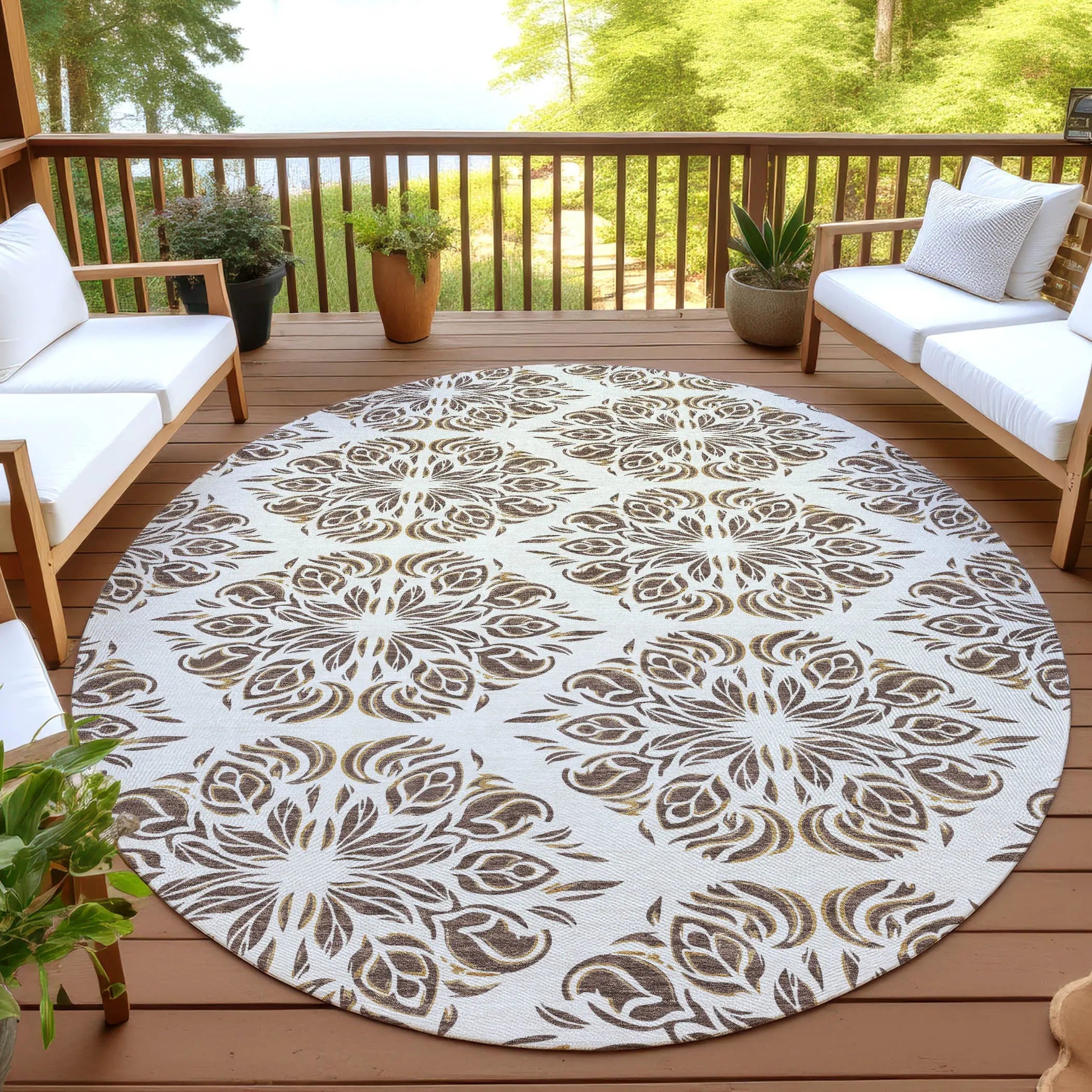 8' Brown And Ivory Round Damask Washable Indoor Outdoor Area Rug Homeroots Outdoor
