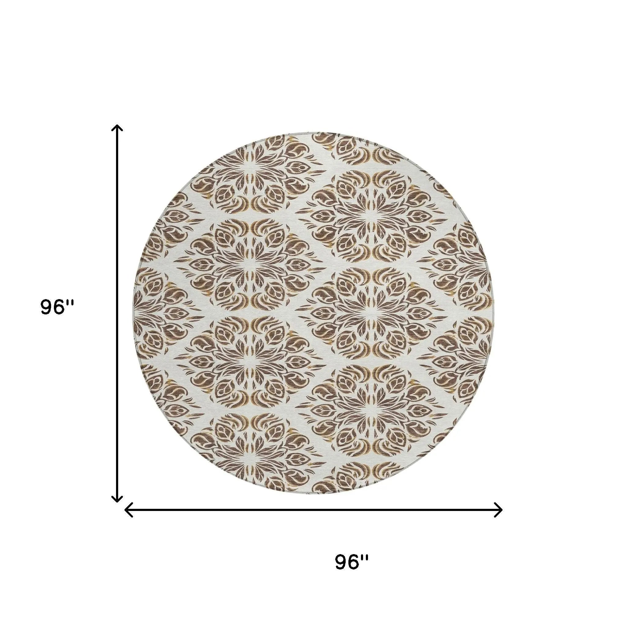 8' Brown And Ivory Round Damask Washable Indoor Outdoor Area Rug Homeroots Outdoor