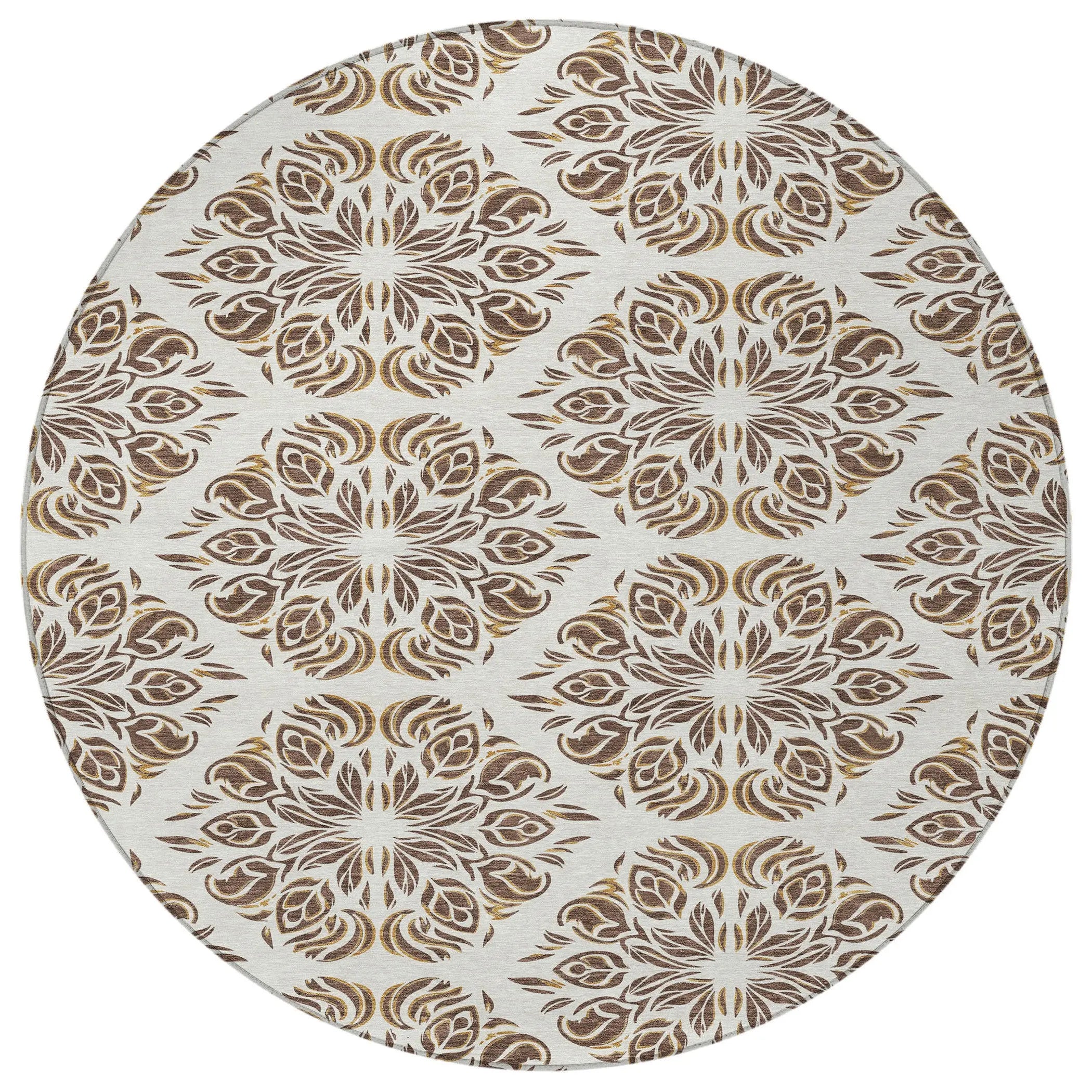 8' Brown And Ivory Round Damask Washable Indoor Outdoor Area Rug Homeroots Outdoor