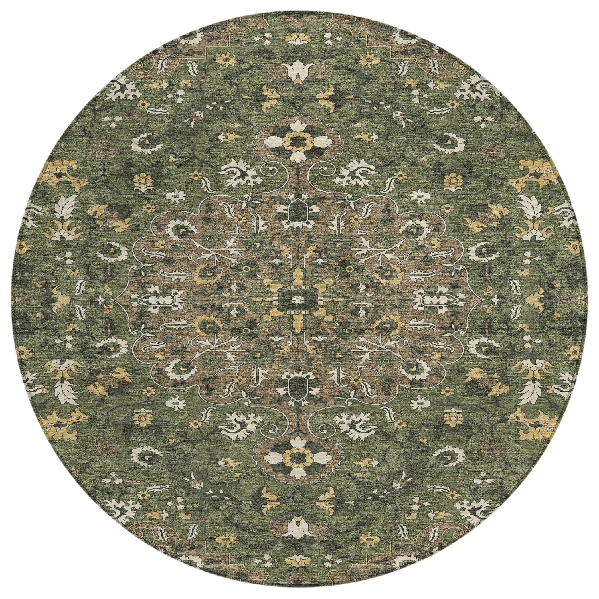 8' Brown And Ivory Round Floral Medallion Washable Indoor Outdoor Area Rug Homeroots Outdoor