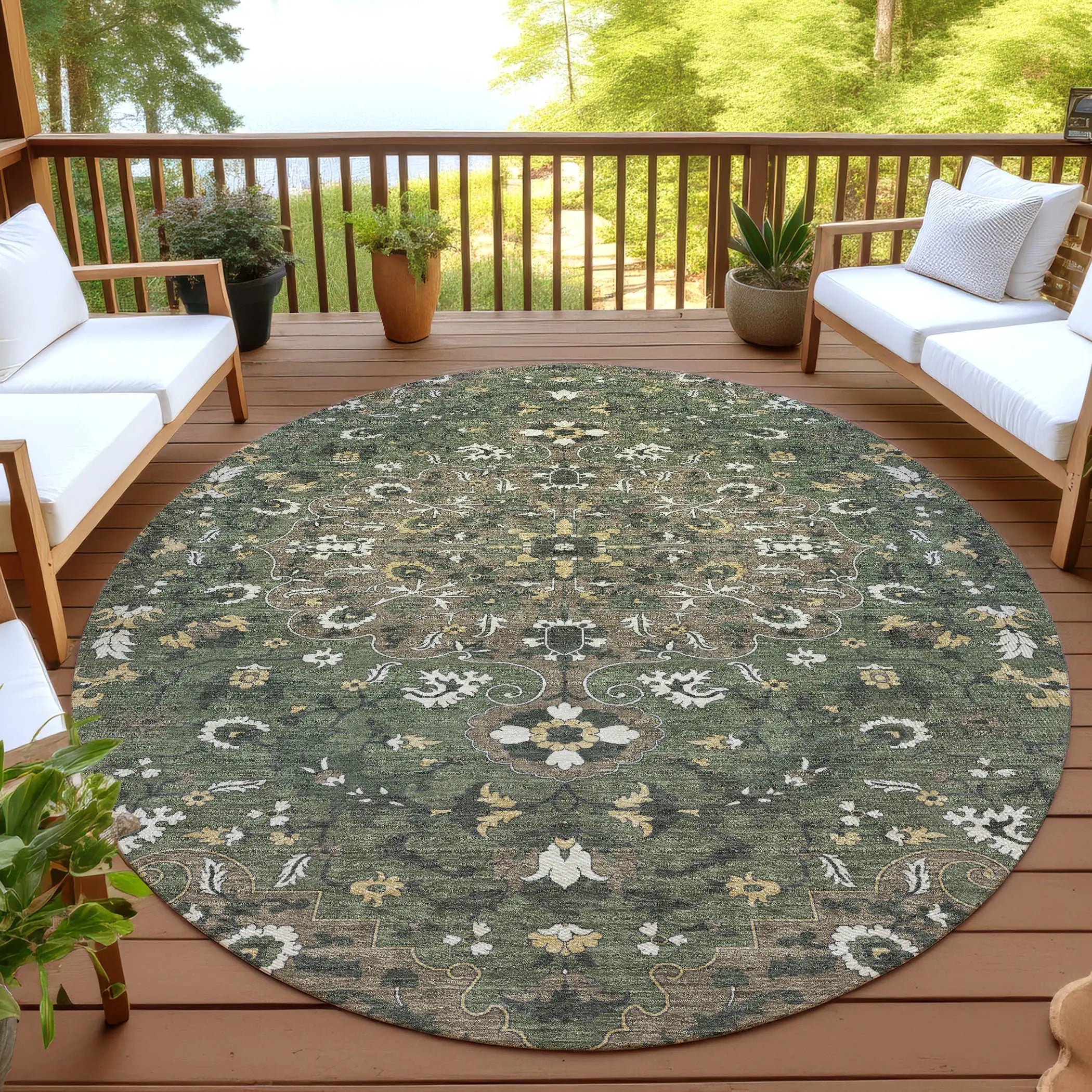 8' Brown And Ivory Round Floral Medallion Washable Indoor Outdoor Area Rug Homeroots Outdoor