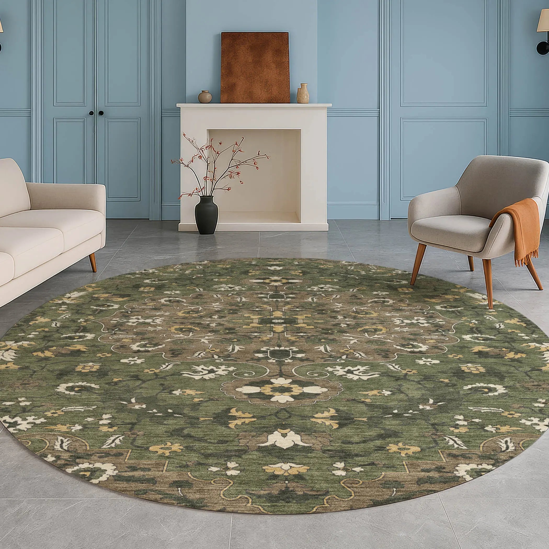 8' Brown And Ivory Round Floral Medallion Washable Indoor Outdoor Area Rug Homeroots Outdoor