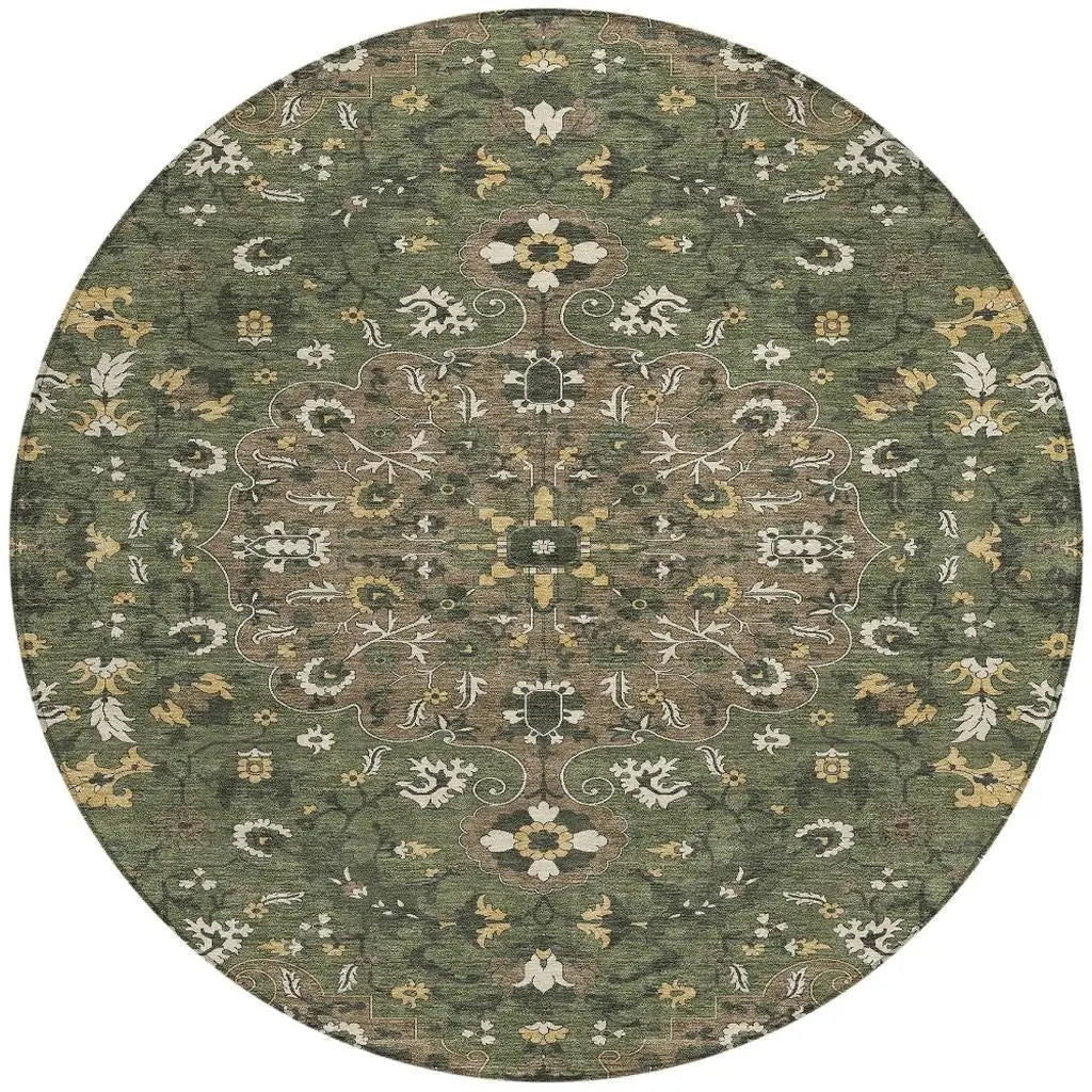 8' Brown And Ivory Round Floral Medallion Washable Indoor Outdoor Area Rug Homeroots Outdoor