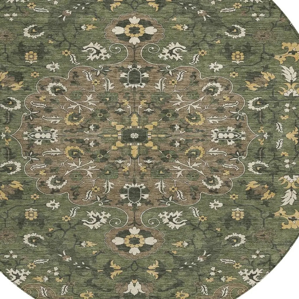 8' Brown And Ivory Round Floral Medallion Washable Indoor Outdoor Area Rug Homeroots Outdoor