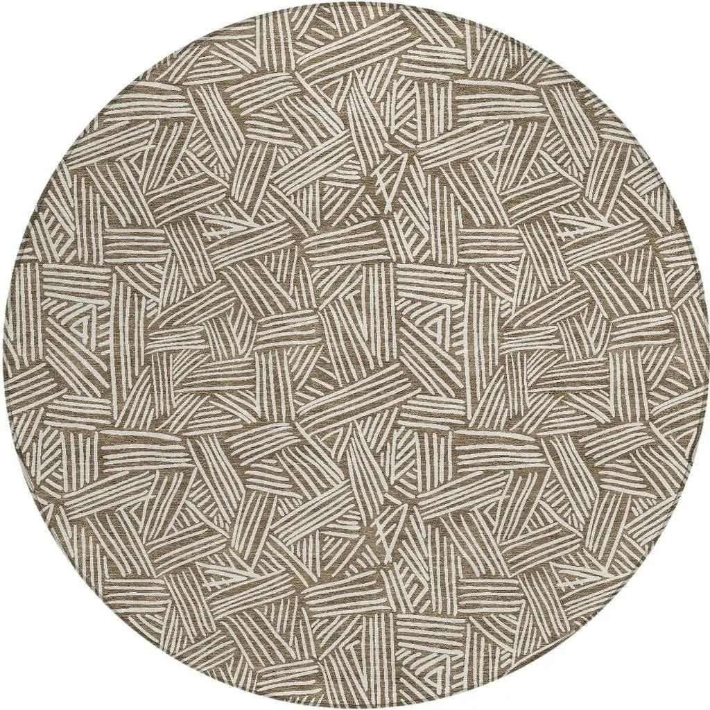 8' Brown And Ivory Round Geometric Washable Indoor Outdoor Area Rug Homeroots Outdoor