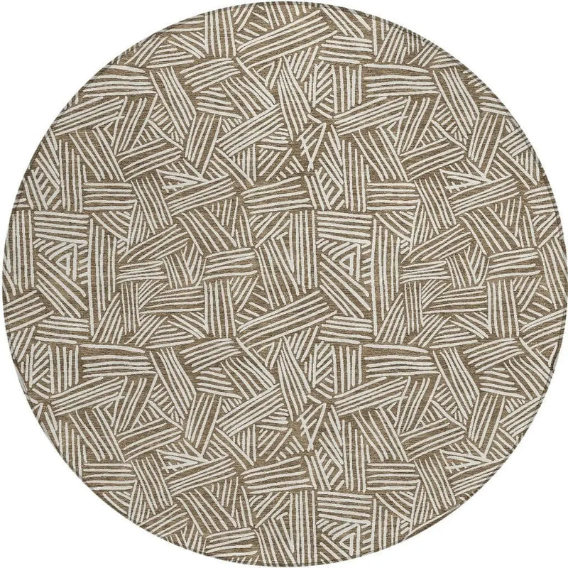 8' Brown And Ivory Round Geometric Washable Indoor Outdoor Area Rug Homeroots Outdoor